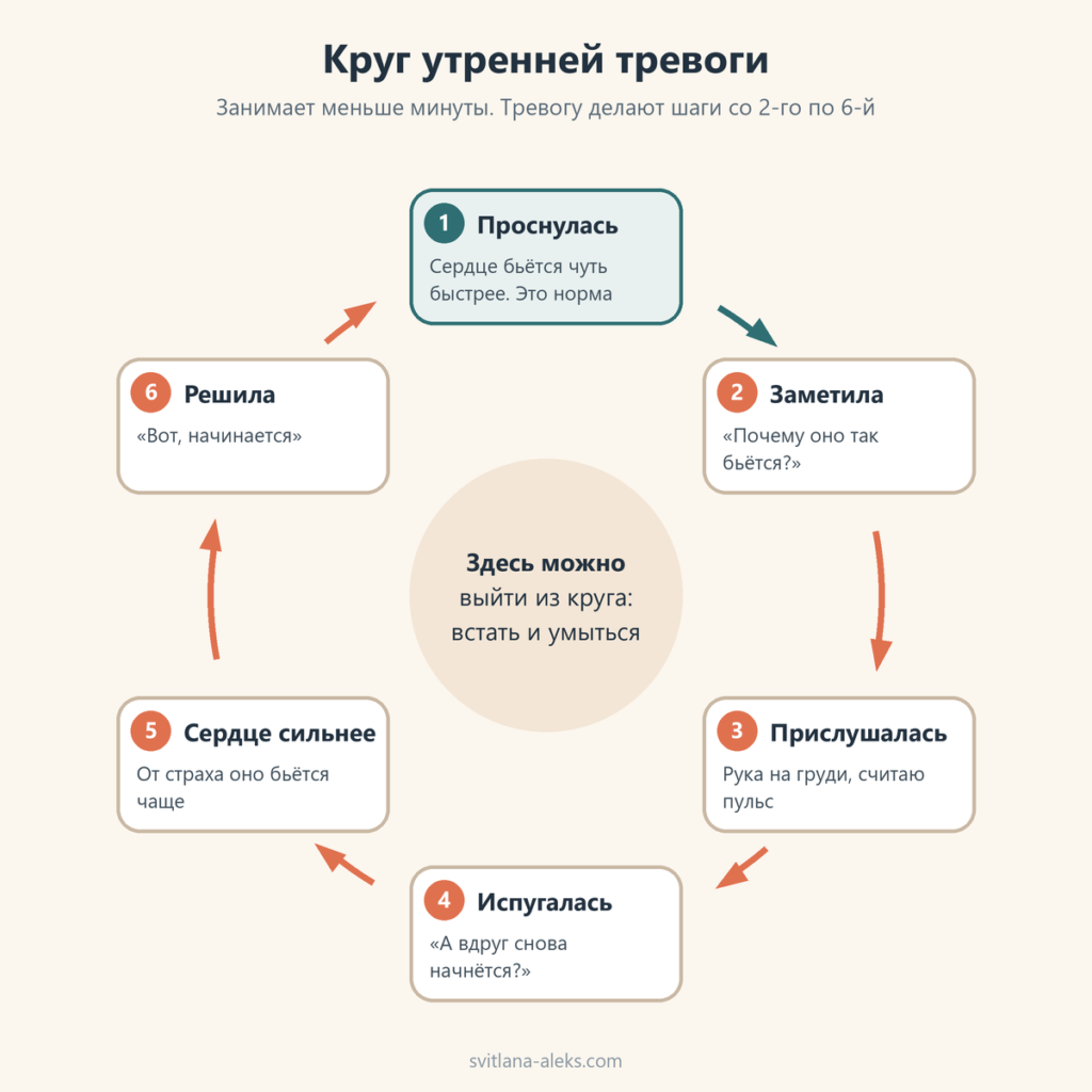 Круг утренней тревоги: проснулась, заметила сердцебиение, прислушалась, испугалась, сердце бьётся сильнее